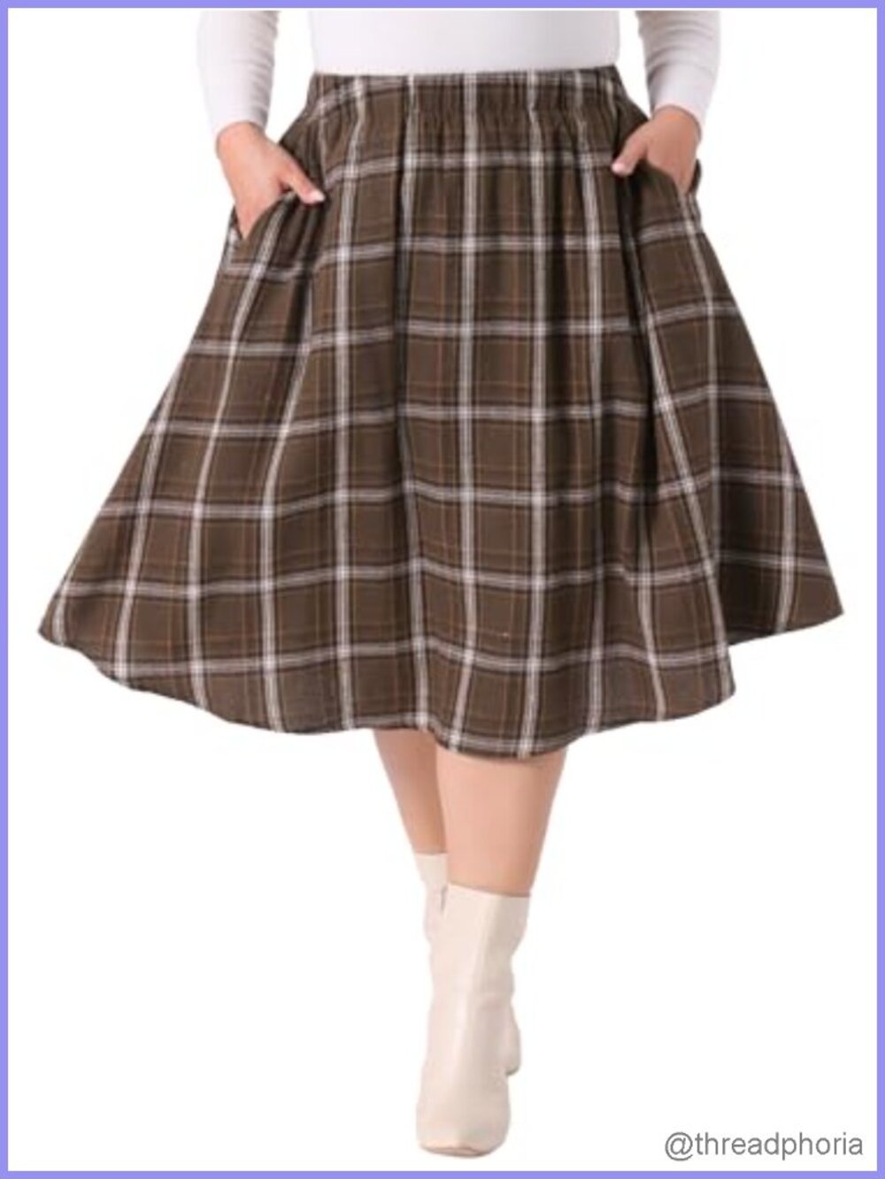 Plus Size A-Line Plaid Flare Midi Skirt with Elastic High Waist